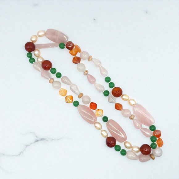 Rose Quartz, Red Agate, and Nephrite Necklace - Picture 1 of 2